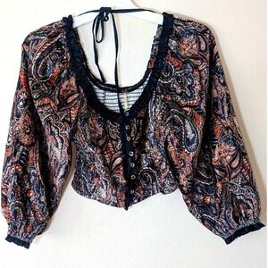 Free People Dare Me Velvet Paisley Blouse Puffed Sleeve Black S/P